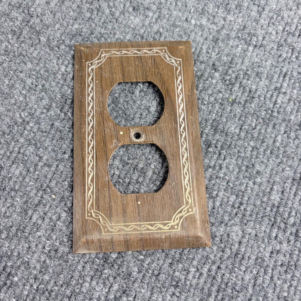 Vintage Faux Wood Grain Metal Outlet Cover Plate Gold Scroll Border Duplex Wall